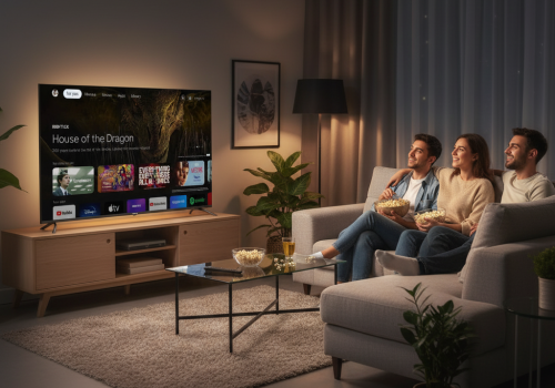 Amigos viendo televisión en un dispositivo Caixun