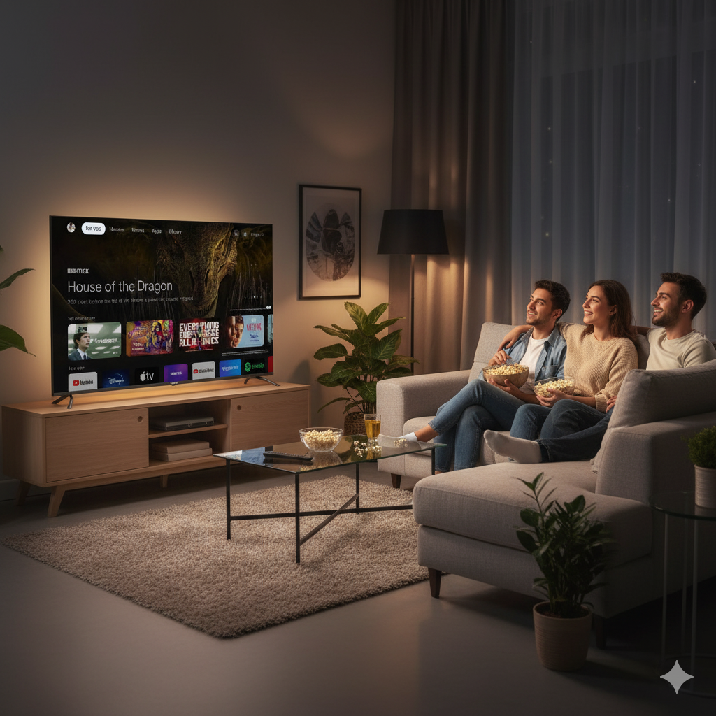 Amigos viendo televisión en un dispositivo Caixun